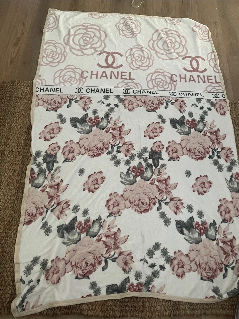 CHANEL Pink Floral Cotton Throw Blanket with Logo Band